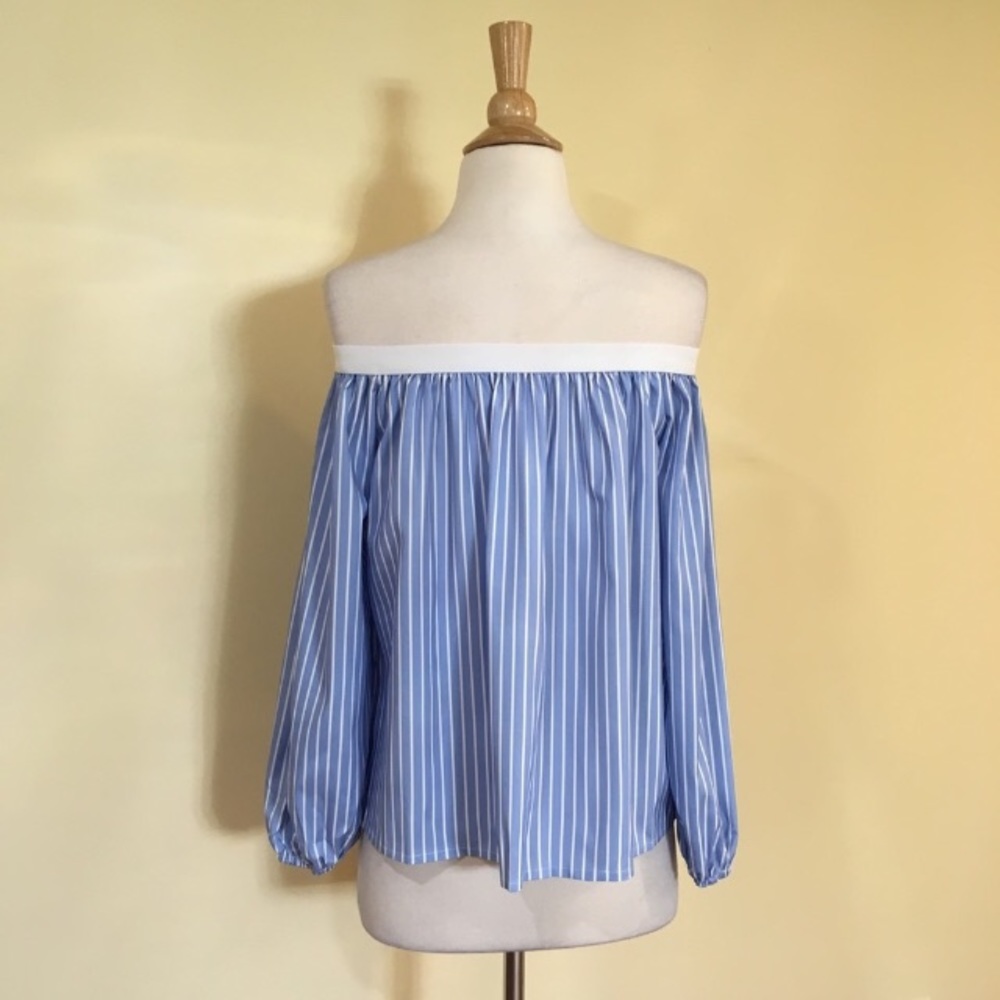 Off Shoulder Pinstripe Button Blouse - Picture 6 of 6